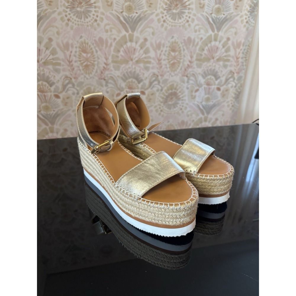 See By Chloe Platform Espadrille Sandals Gold Leather 38 Preppy Vacation